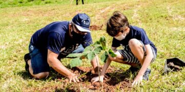 Crianças plantam mudas de árvores do Cerrado no Parque das Nações Indígenas
