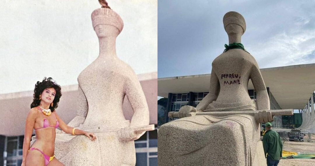 Estátua do STF já foi usada para ensaio de modelo vestida de biquíni