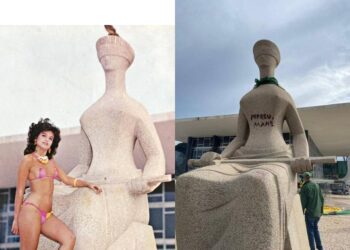Estátua do STF já foi usada para ensaio de modelo vestida de biquíni